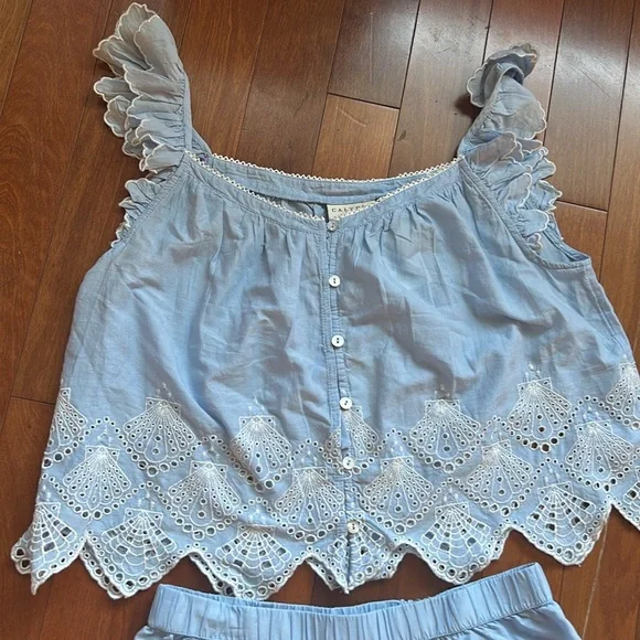 Calypso Womens Blue White Pajama Set Shorts Top New Embroidered Cotton Sz S - Picture 2 of 3